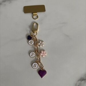 BTS Phone Charm Keychain / Purple Hearts & Flowers / Gold K-Pop Accessory / Army